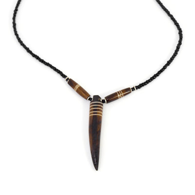 Bone "Tooth" Necklace on Leather Chain with Brass Closure- Black with Etch