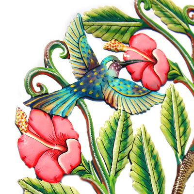 Hummingbirds and Hibiscus Flowers Painted Haitian Metal Drum Wall Art, 24"
