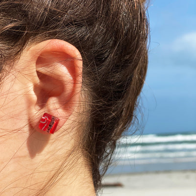 Square Glass Stud Earrings, Red and Silver Swirls - Pack of 3