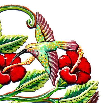 Hummingbirds and Hibiscus Flowers Painted Haitian Metal Drum Wall Art, 24"
