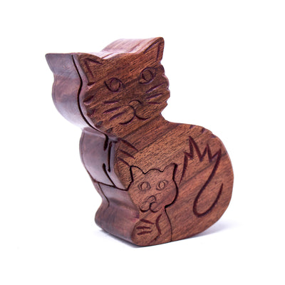 Sheesham Wood Carved Mama and Kitten Puzzle Box