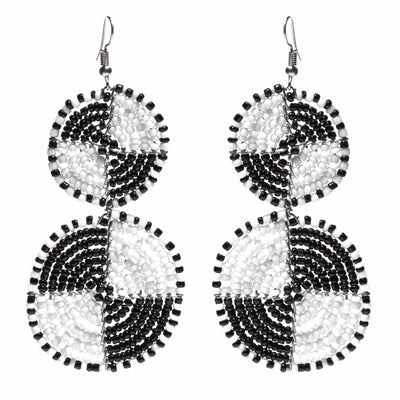 PACK OF 5 -Maasai Bead Double Circle Dangle Earrings, White and Black