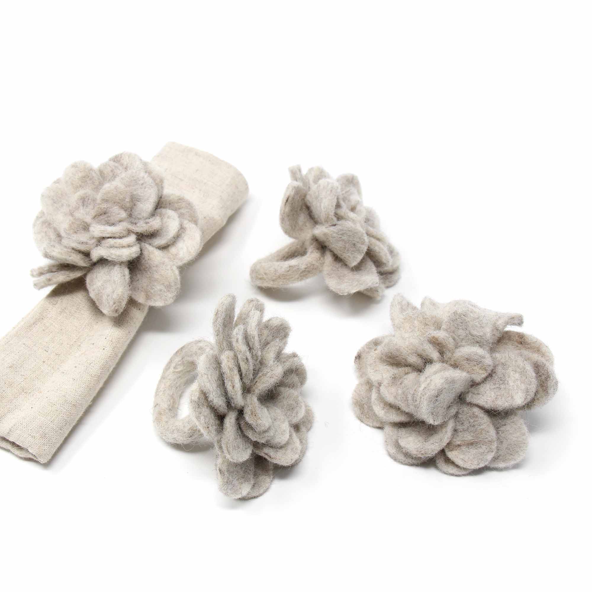 Taupe Zinnias Felt Napkin Rings, Set of 4