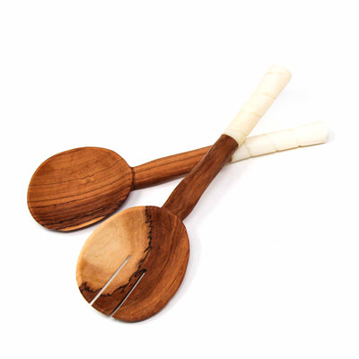 Olive Wood Serving Set, Natural White Bone Handles - Etched Design