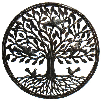 Birds on Roots Tree of Life Ringed Haitian Metal Drum Wall Art, 23"