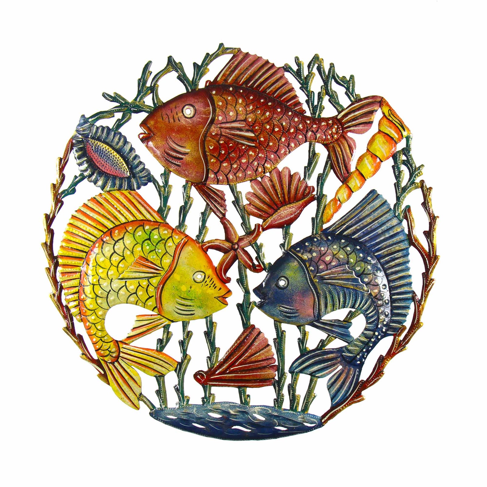 Trio of Fish Nautical Haitian Metal Drum Wall Art, 21"