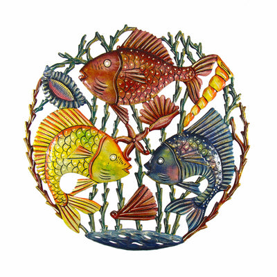 Trio of Fish Nautical Haitian Metal Drum Wall Art, 21"