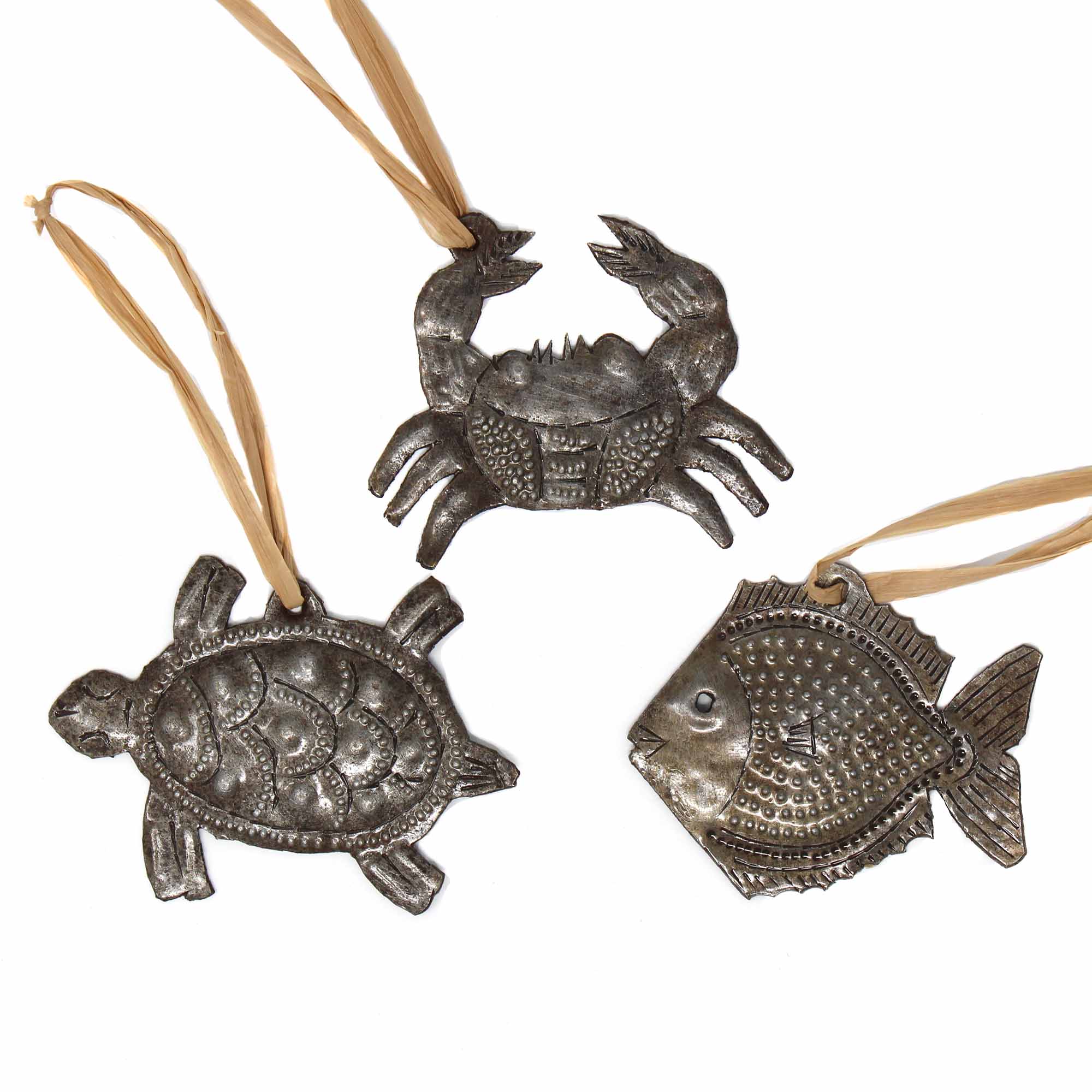 Set of 3 Coastal Sea Creatures Nautical Haitian Metal Drum Christmas Ornament