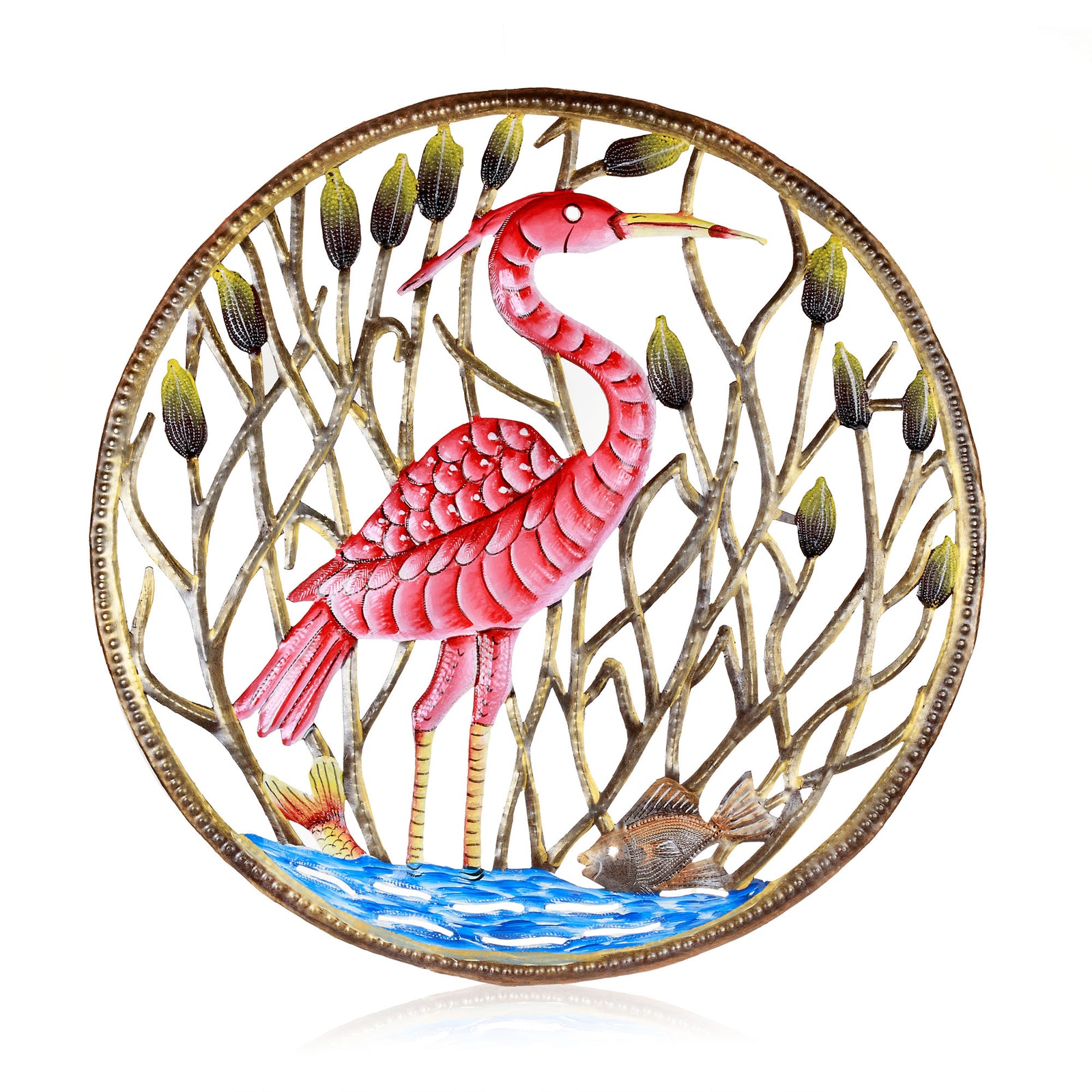 Flamingo in Reeds Haitian Steel Drum Wall Art