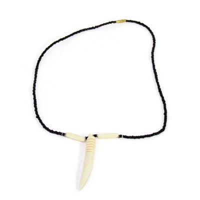 Bone "Tooth" Necklace on Leather Chain with Brass Closure - White Design