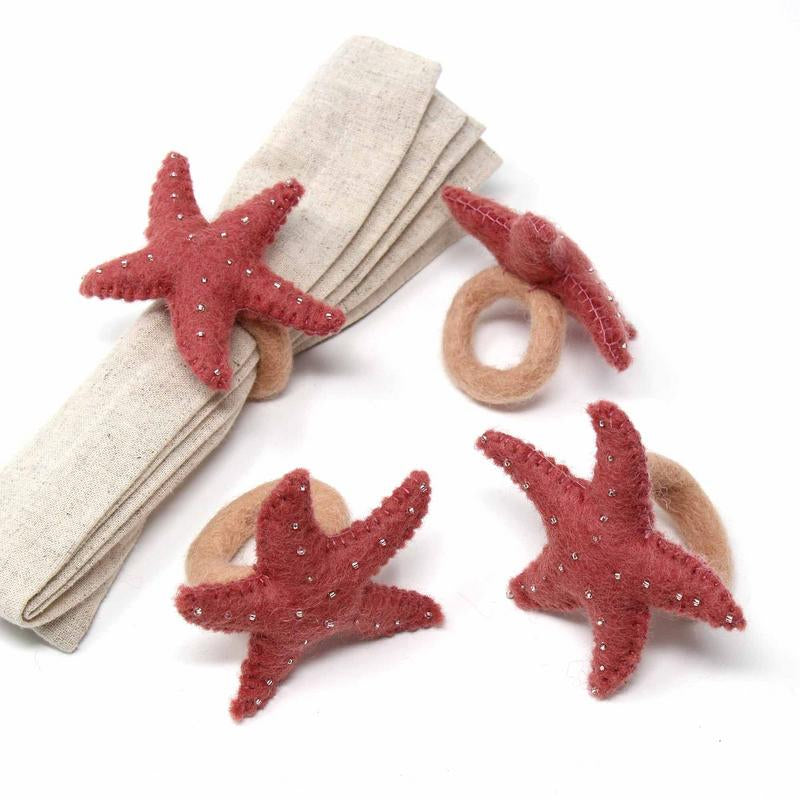Dark Rose Starfish Felt Napkin Rings, Set of 4