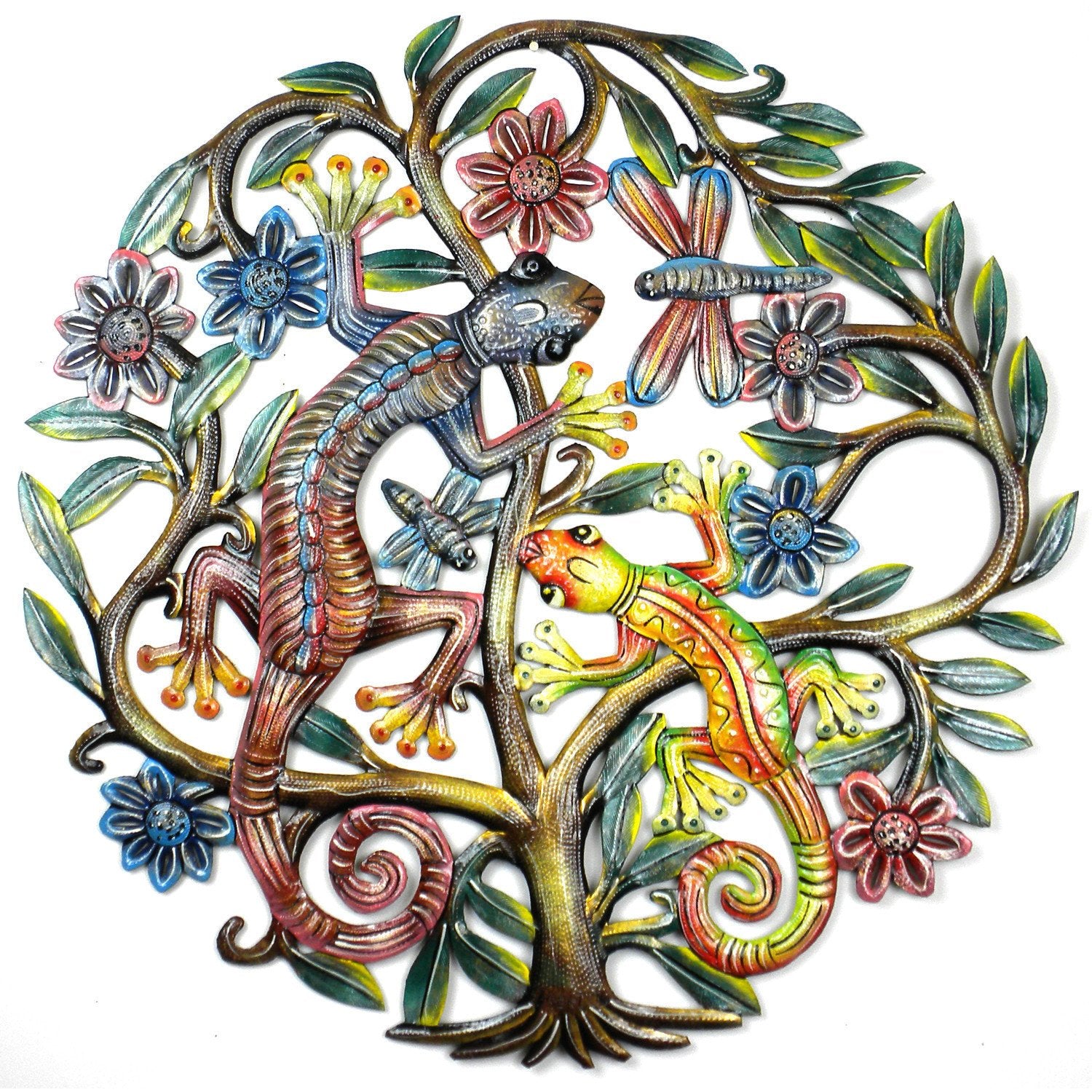 Tree of Life with Gecko Haitian Metal Drum Wall Art, 24"