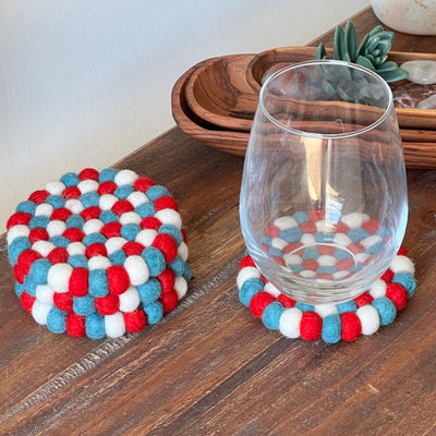 Kai Red & Blue Felt Ball Coasters, Set of 4