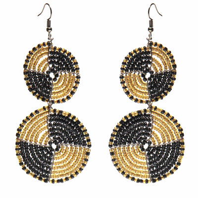 PACK OF 5 -Maasai Bead Double Circle Dangle Earrings, Gold and Black