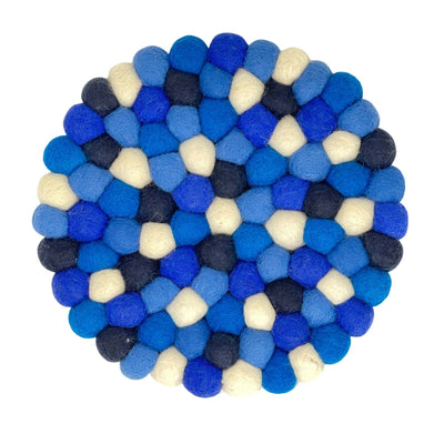Mediterranean  Blue Felt Ball Coasters, Set of 4