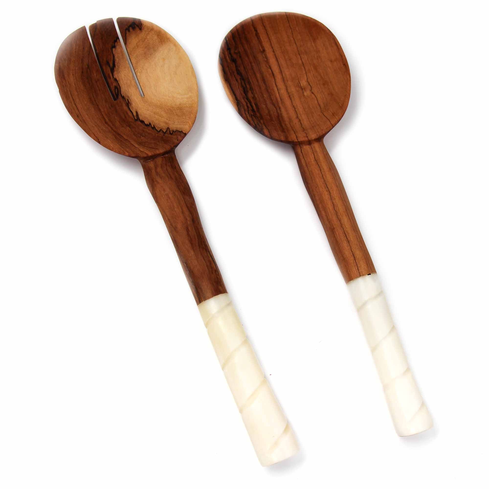 Olive Wood Serving Set, Natural White Bone Handles - Etched Design