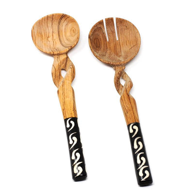 Olive Wood Serving Set, Braided Batik Handles