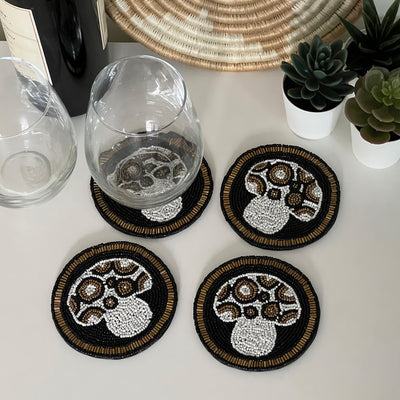 Black Mushroom Glass Beaded Coasters, Set of 4