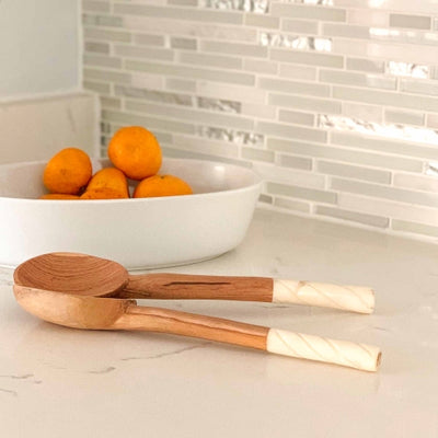 Olive Wood Serving Set, Natural White Bone Handles - Etched Design