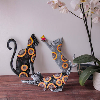 Playful Cat Trio Painted with Sunflowers Haitian Steel Drum Wall Art